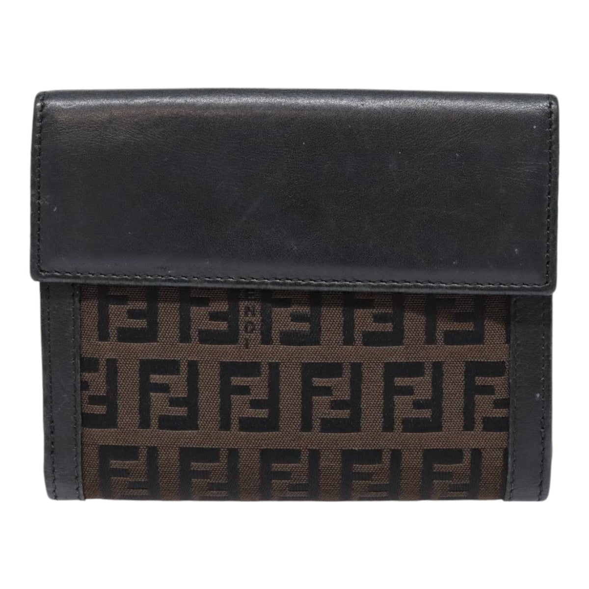 FENDI Zucchino Canvas Compact Wallet Black Brown Silver Auth yk15088