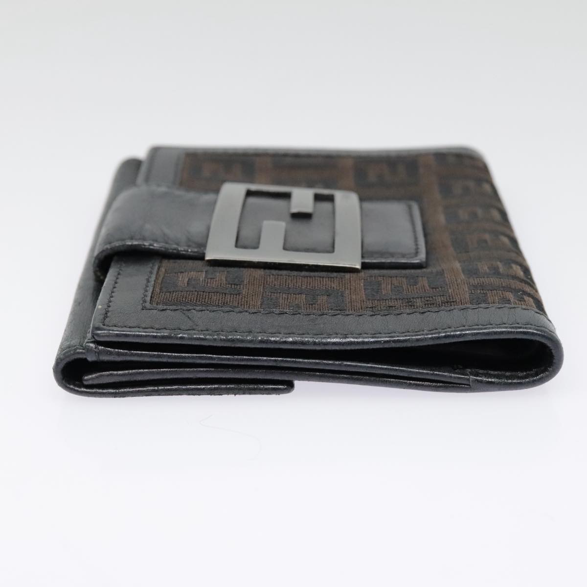 FENDI Zucchino Canvas Compact Wallet Black Brown Silver Auth yk15088