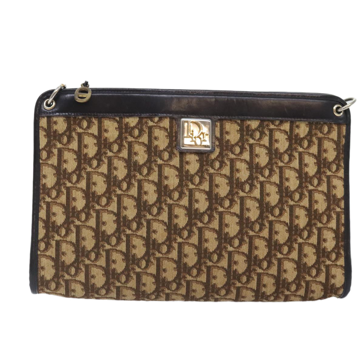 Christian Dior Trotter Canvas Shoulder Bag Brown Gold Auth yk15090