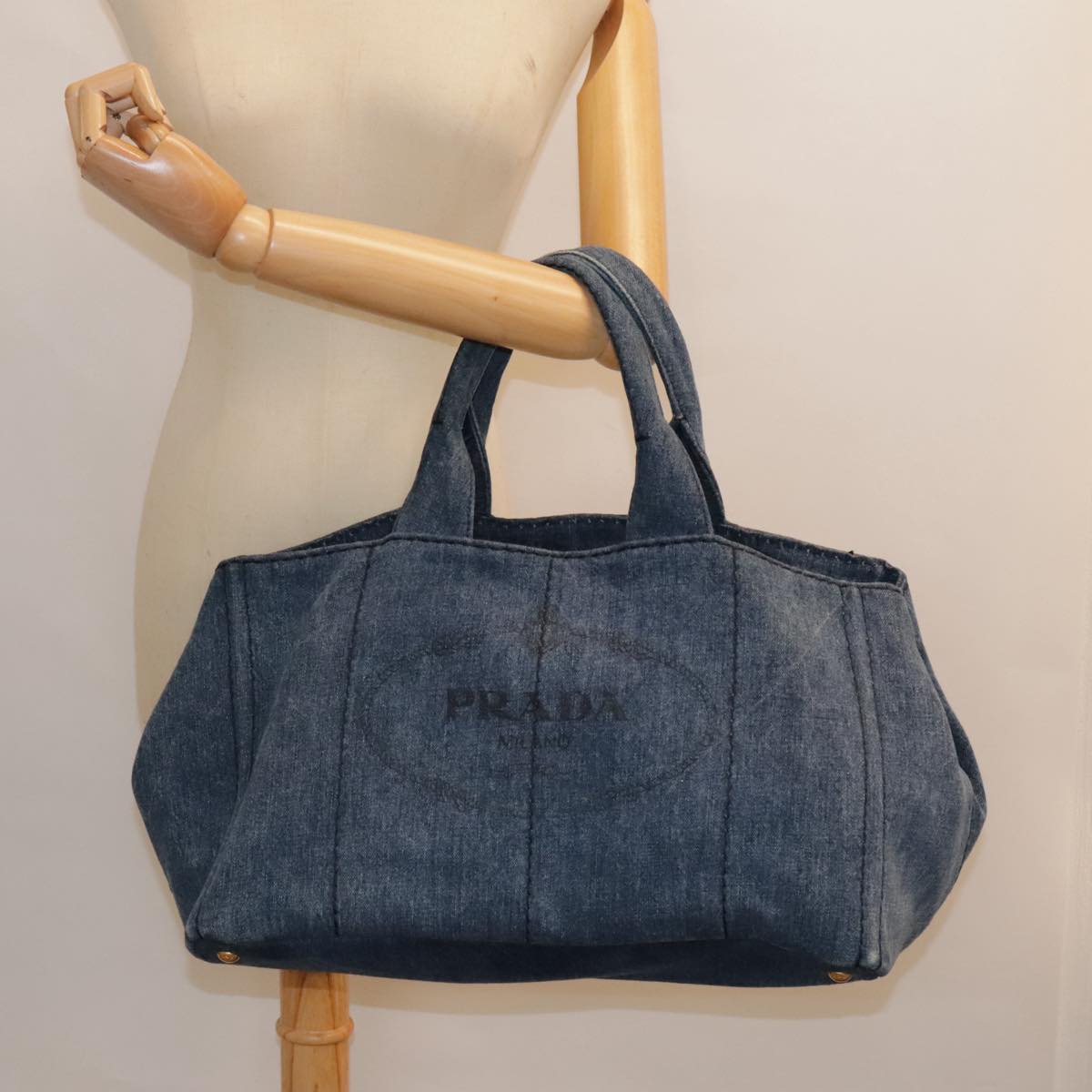 PRADA Canapa GM Hand Bag Denim Blue Gold Auth yk15097