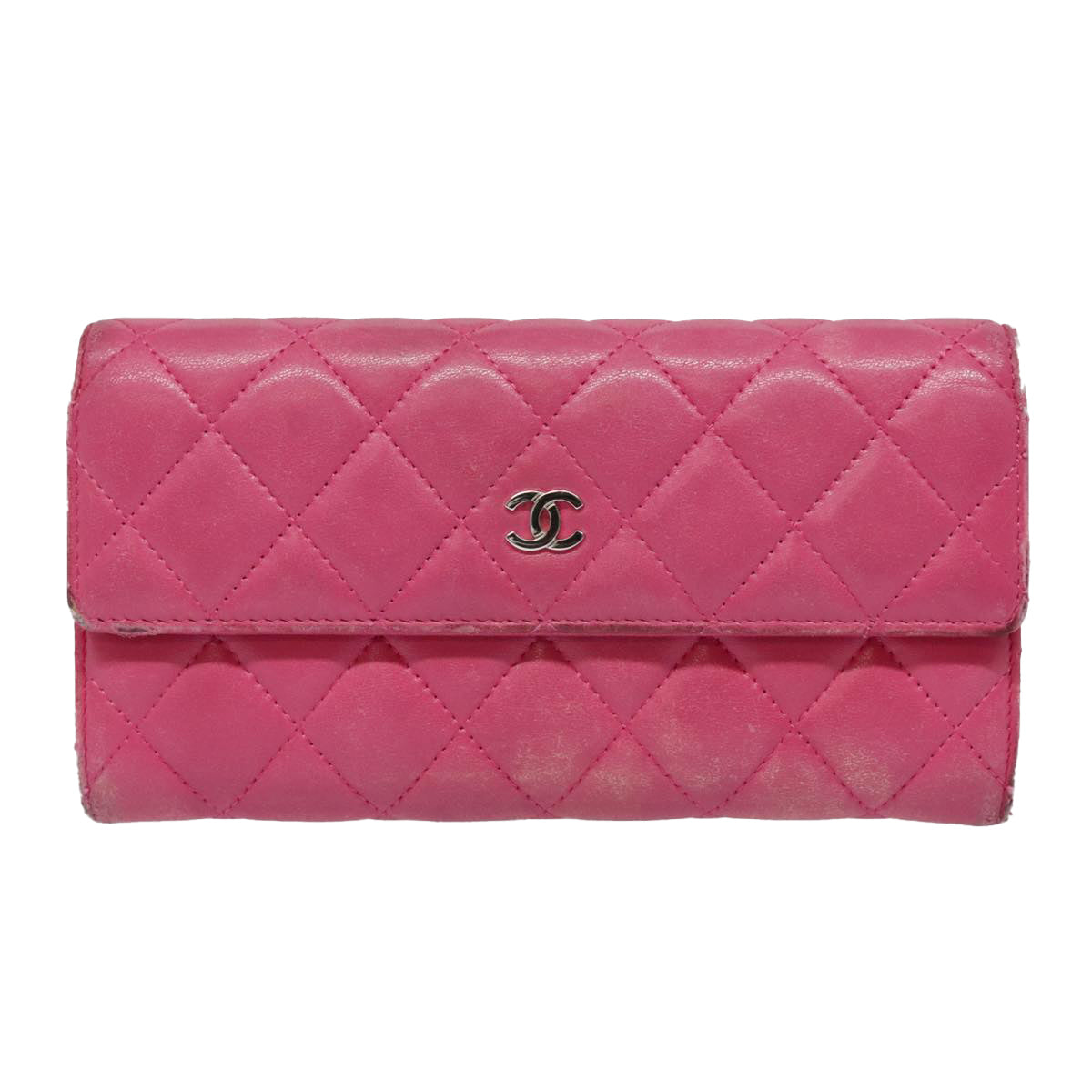 CHANEL Matelasse Long Wallet Lamb Skin Pink CC Auth yk15105