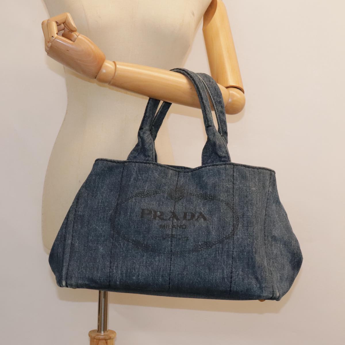 PRADA Canapa MM Hand Bag Denim Blue Gold Auth yk15133