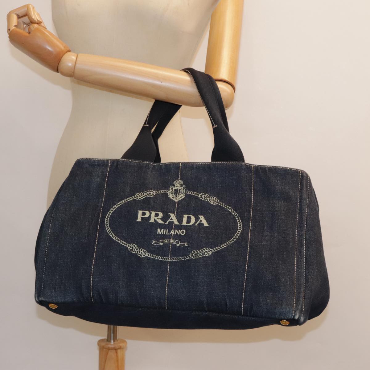 PRADA Canapa GM Hand Bag Denim Navy Gold Auth yk15134