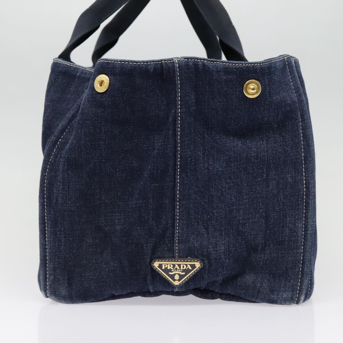 PRADA Canapa GM Hand Bag Denim Navy Gold Auth yk15134