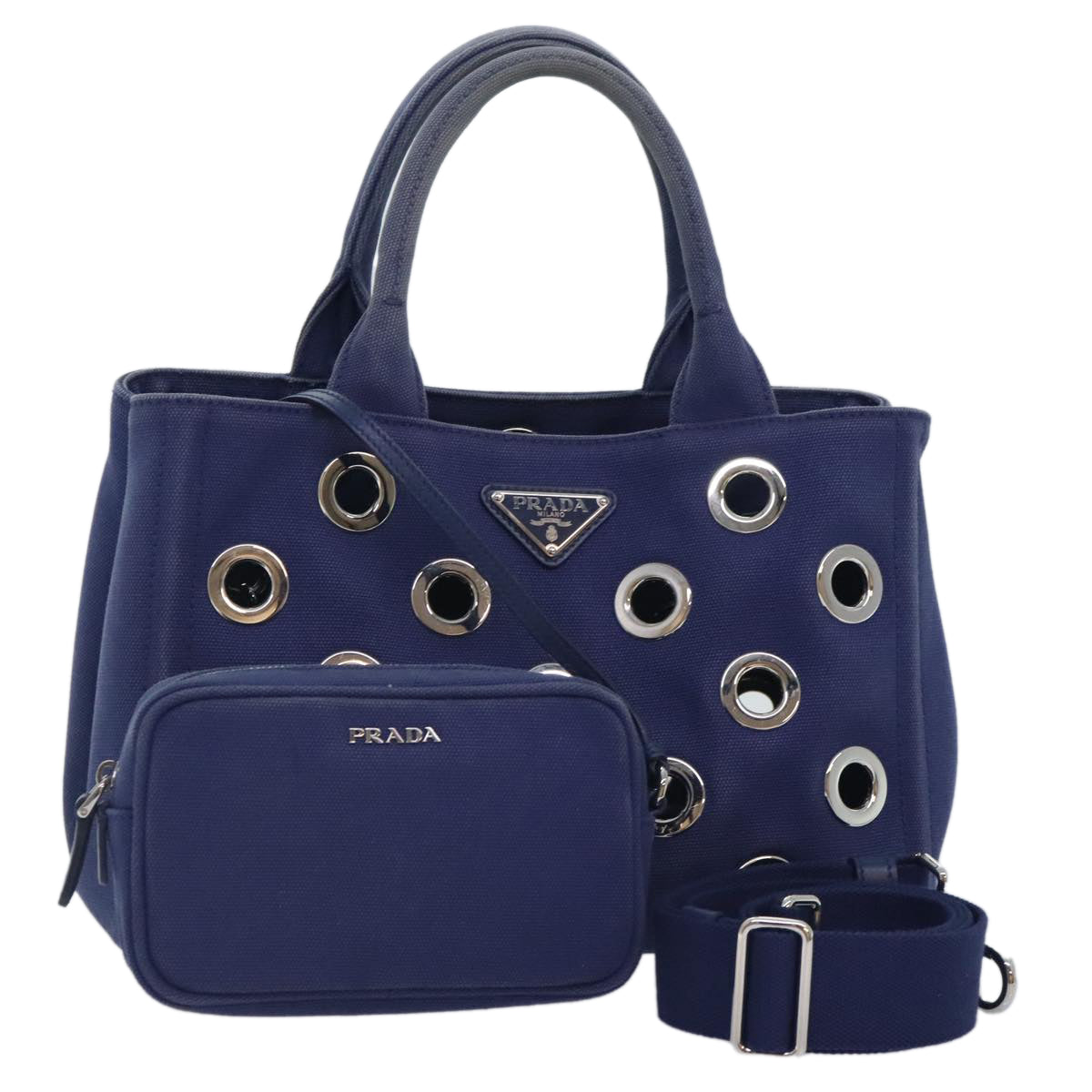 PRADA Canapa PM Hand Bag Canvas 2way Navy Silver Auth yk15141