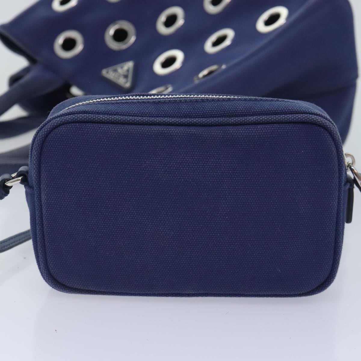 PRADA Canapa PM Hand Bag Canvas 2way Navy Silver Auth yk15141