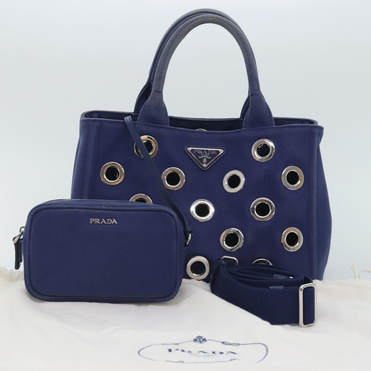 PRADA Canapa PM Hand Bag Canvas 2way Navy Silver Auth yk15141