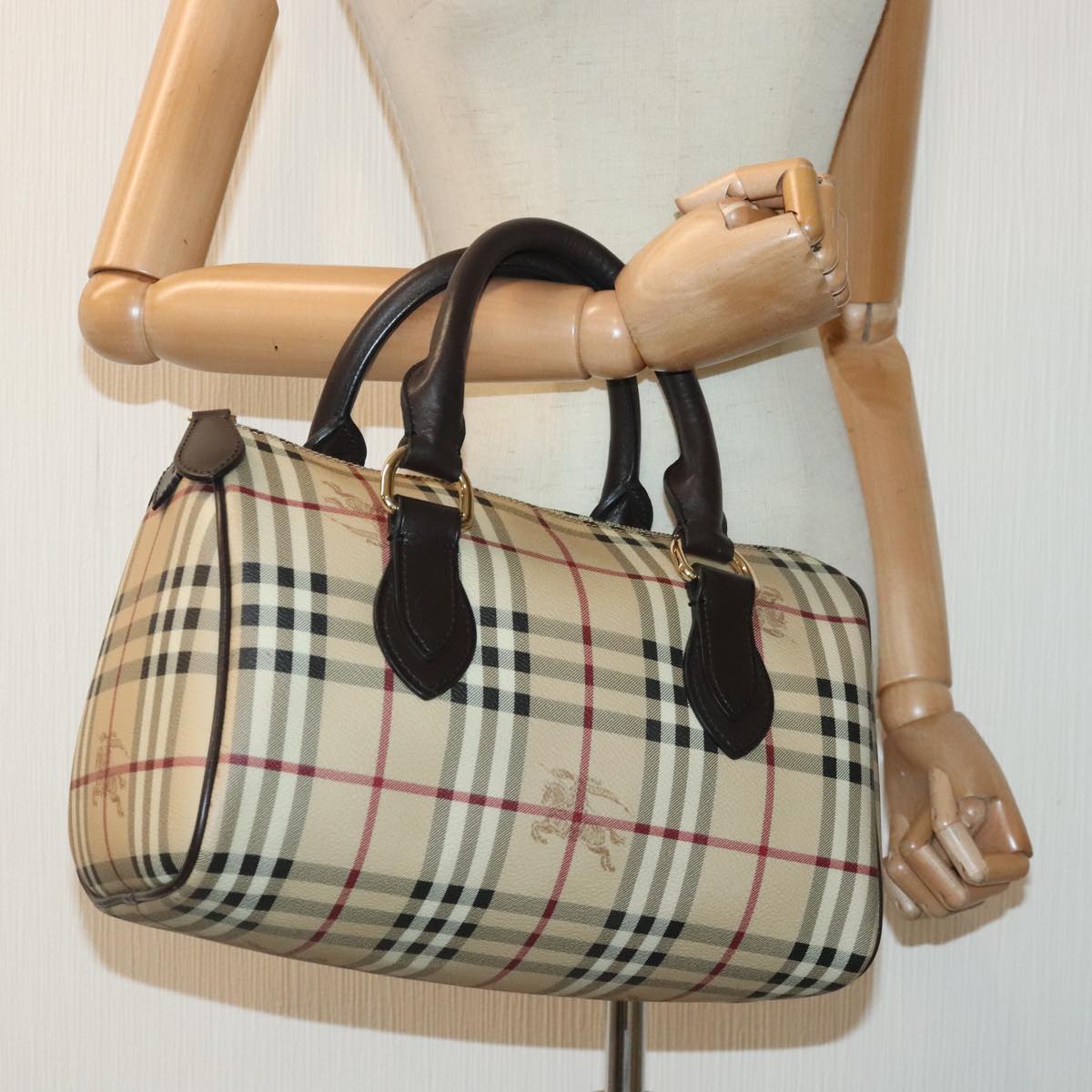 BURBERRY Nova Check Boston Bag PVC Gold Beige Auth yk15146A