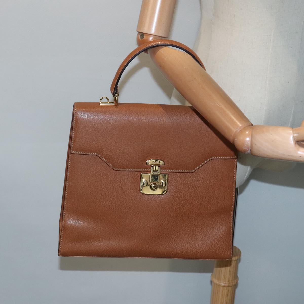 GUCCI Ready lock Hand Bag Leather Brown Gold Auth yk15154