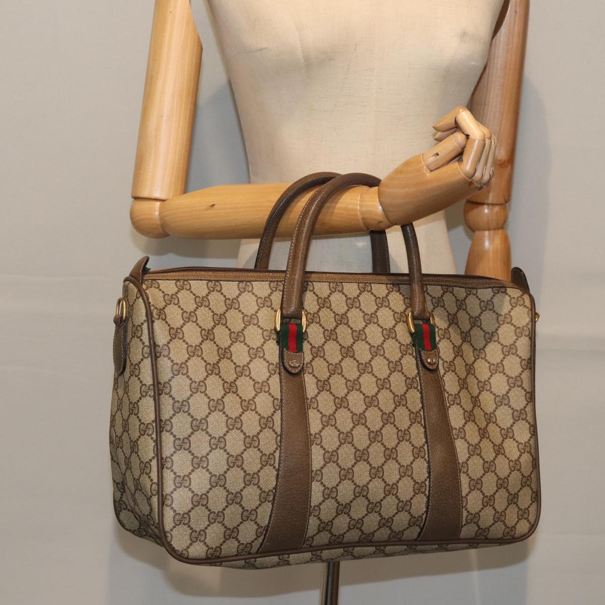 GUCCI GG Supreme Web Sherry Line Hand Bag PVC Beige Gold 39 02 041 Auth yk15162