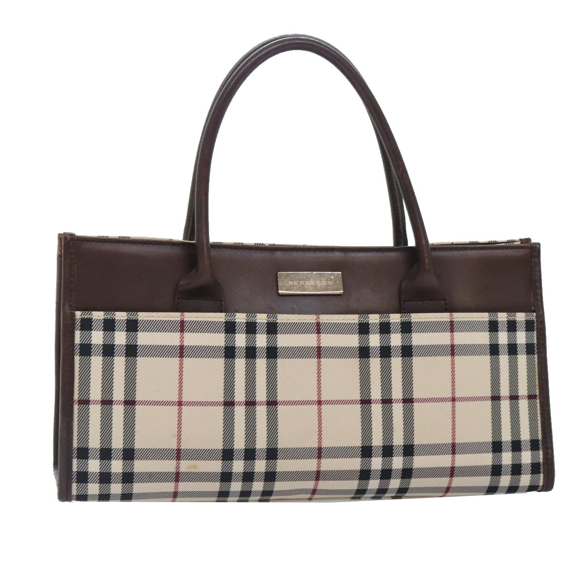 BURBERRY Nova Check Hand Bag Canvas Leather Beige Brown Silver Auth yk15211