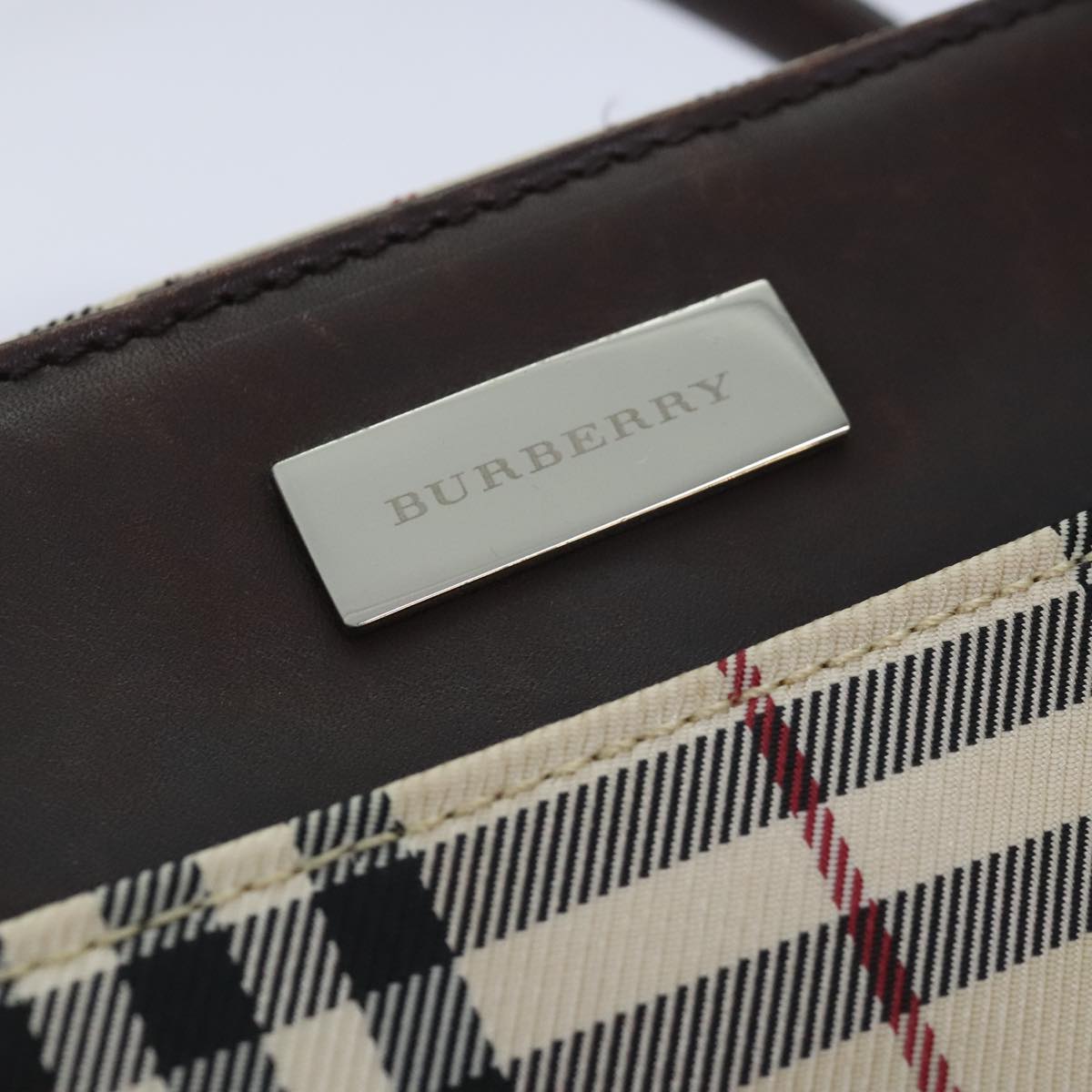 BURBERRY Nova Check Hand Bag Canvas Leather Beige Brown Silver Auth yk15211