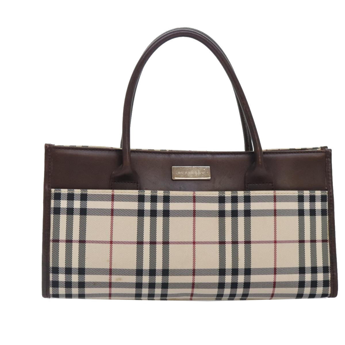 BURBERRY Nova Check Hand Bag Canvas Leather Beige Brown Silver Auth yk15211