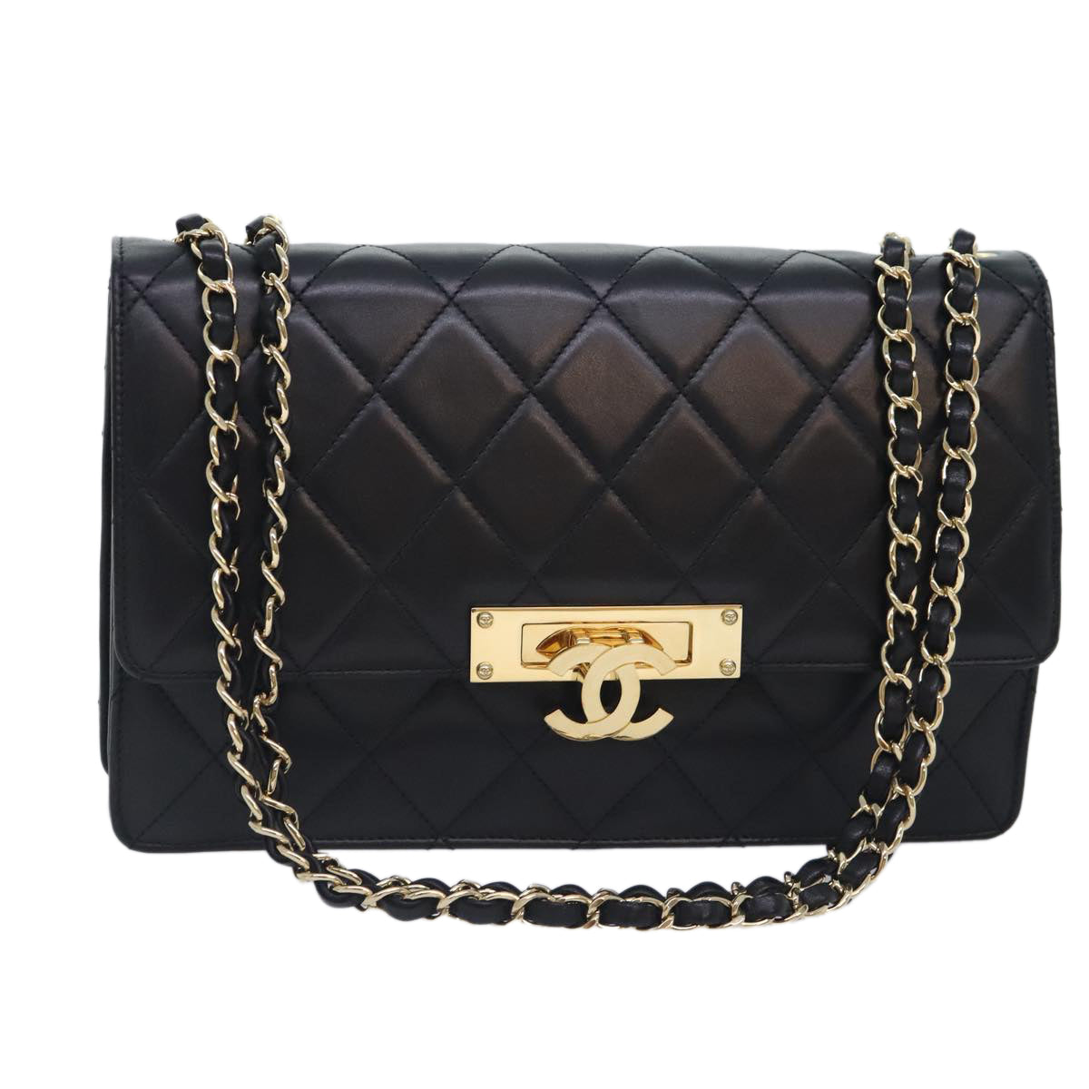 CHANEL Matelasse COCO Mark Chain Bag Lamb Skin Black Gold CC Auth yk15214AV