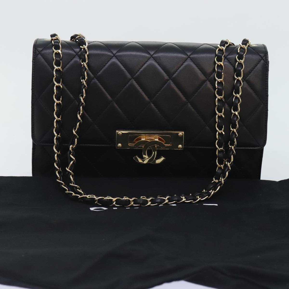 CHANEL Matelasse COCO Mark Chain Bag Lamb Skin Black Gold CC Auth yk15214AV