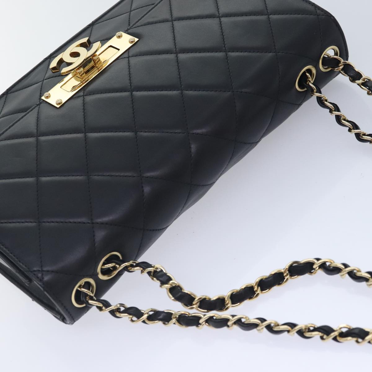 CHANEL Matelasse COCO Mark Chain Bag Lamb Skin Black Gold CC Auth yk15214AV