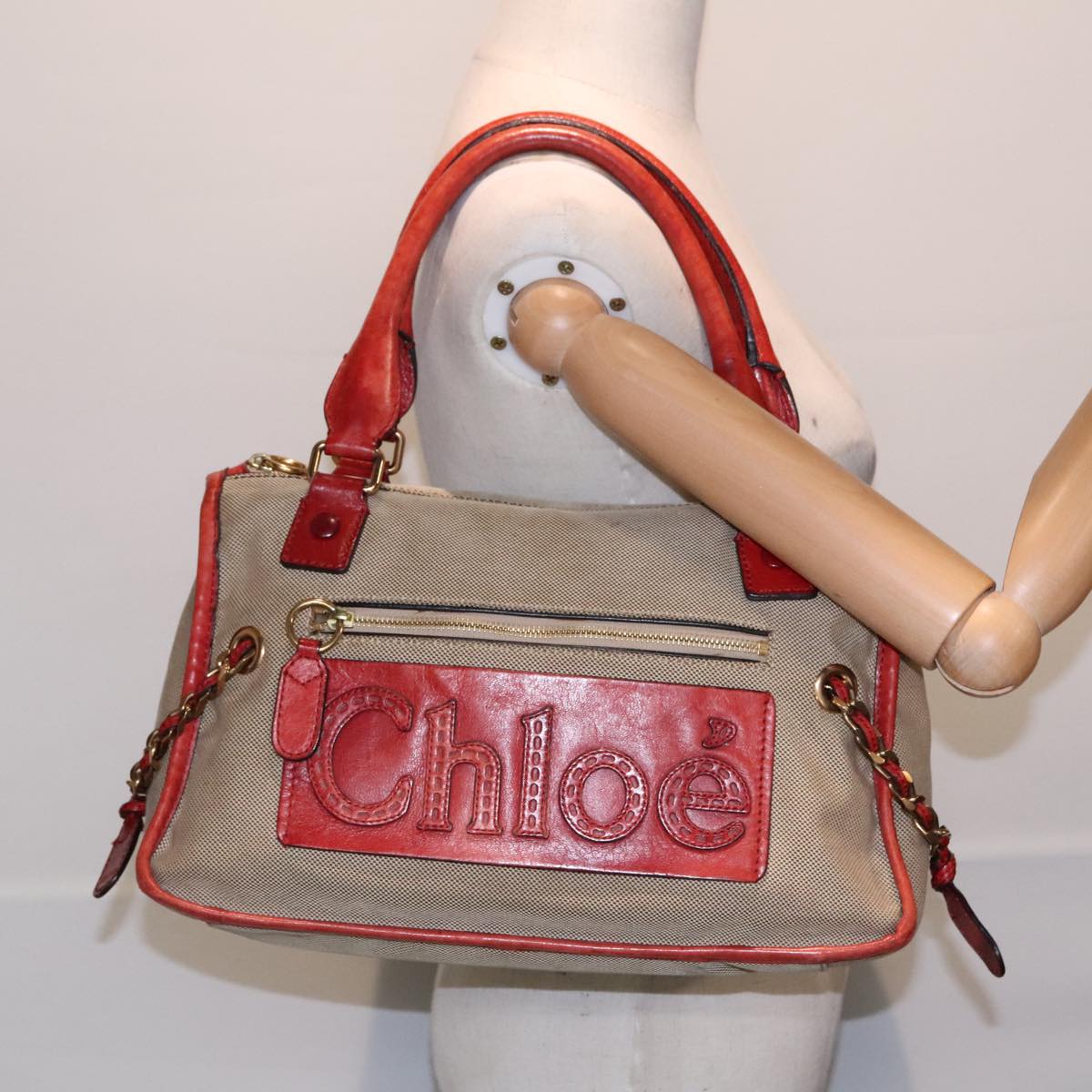 Chloe Harley Hand Bag Canvas Leather Beige Gold Auth yk15232