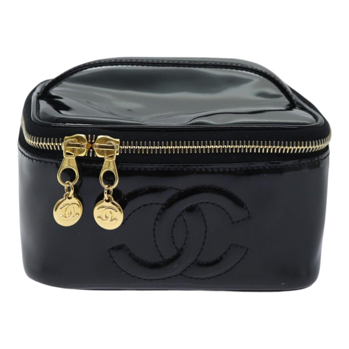 CHANEL COCO Mark Vanity Pouch Patent leather Black Gold CC Auth yk15241