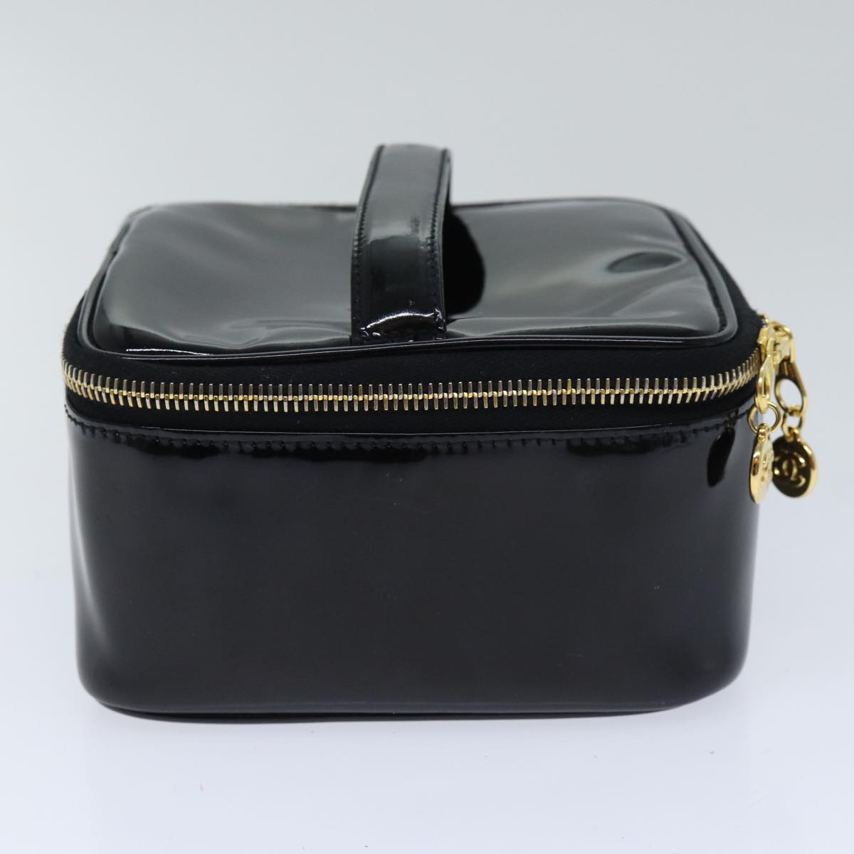 CHANEL COCO Mark Vanity Pouch Patent leather Black Gold CC Auth yk15241