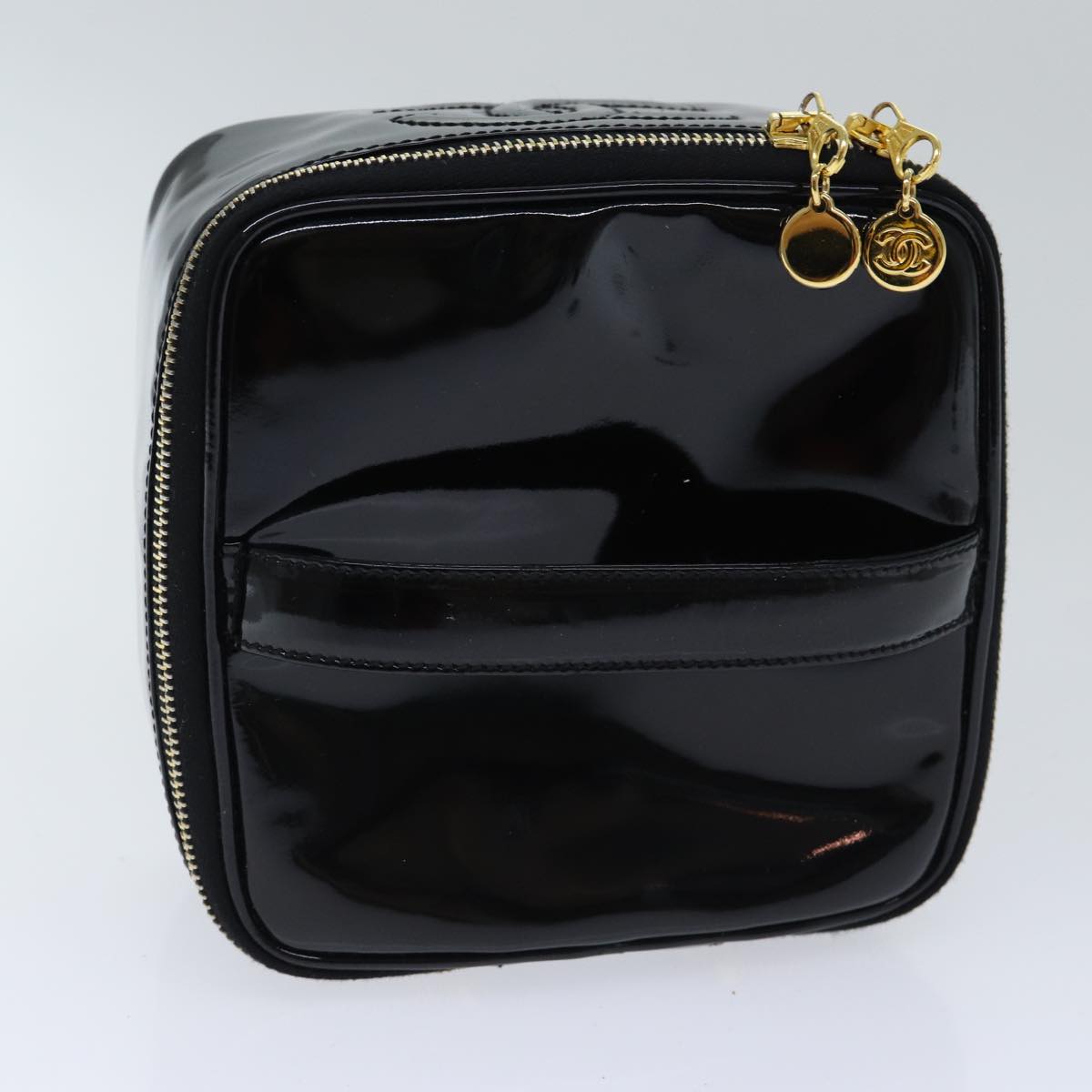 CHANEL COCO Mark Vanity Pouch Patent leather Black Gold CC Auth yk15241