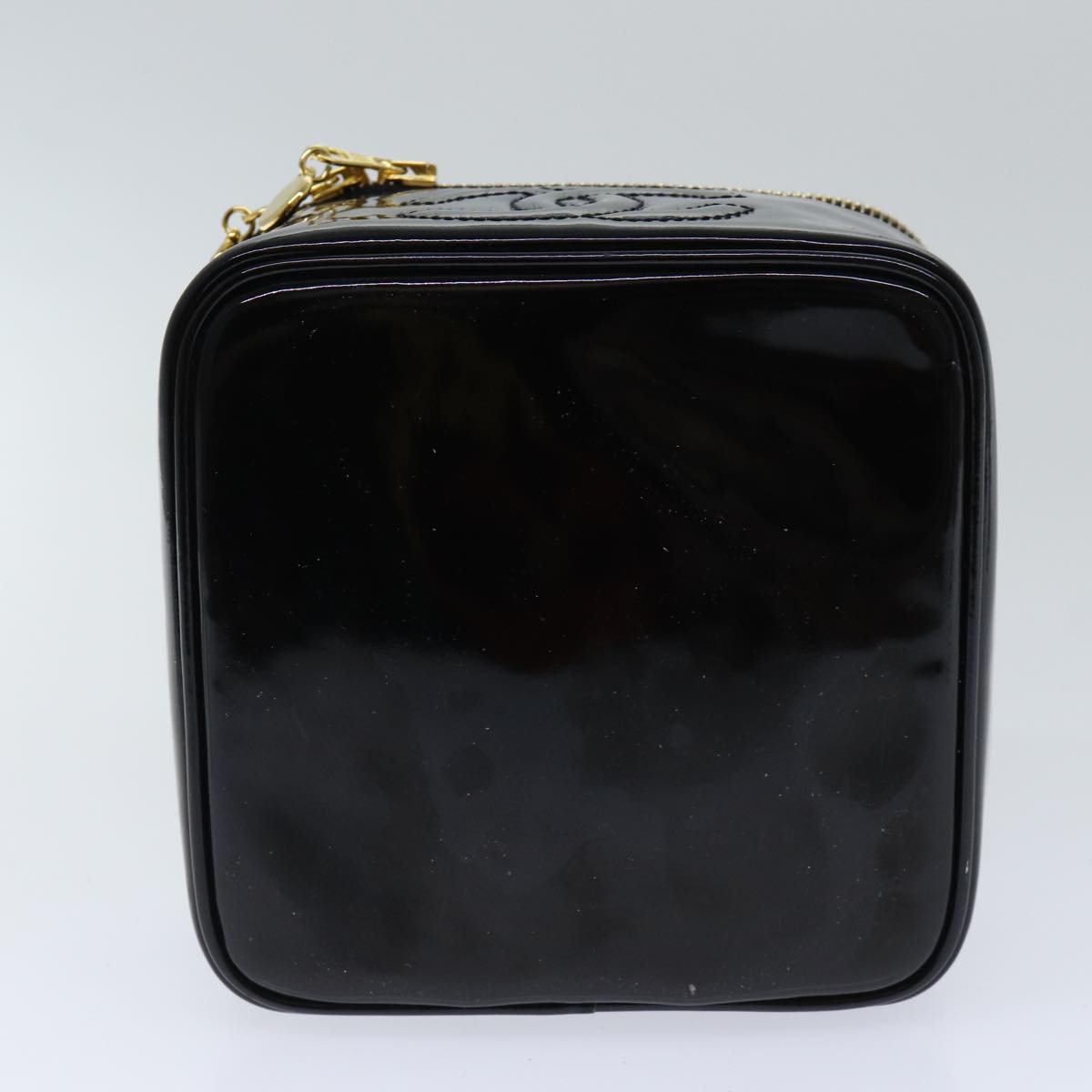 CHANEL COCO Mark Vanity Pouch Patent leather Black Gold CC Auth yk15241