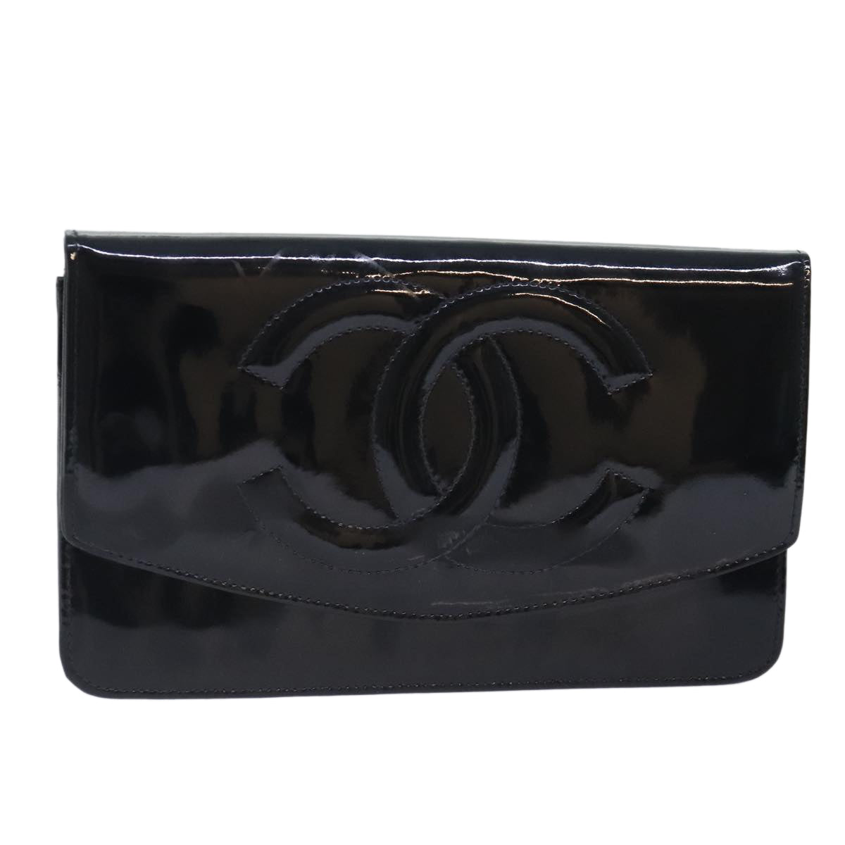 CHANEL COCO Mark Wallet Patent leather Black Gold CC Auth yk15246