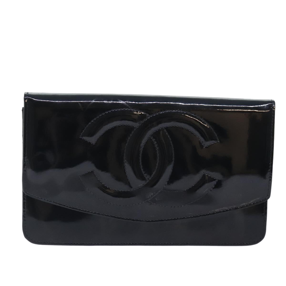 CHANEL COCO Mark Wallet Patent leather Black Gold CC Auth yk15246