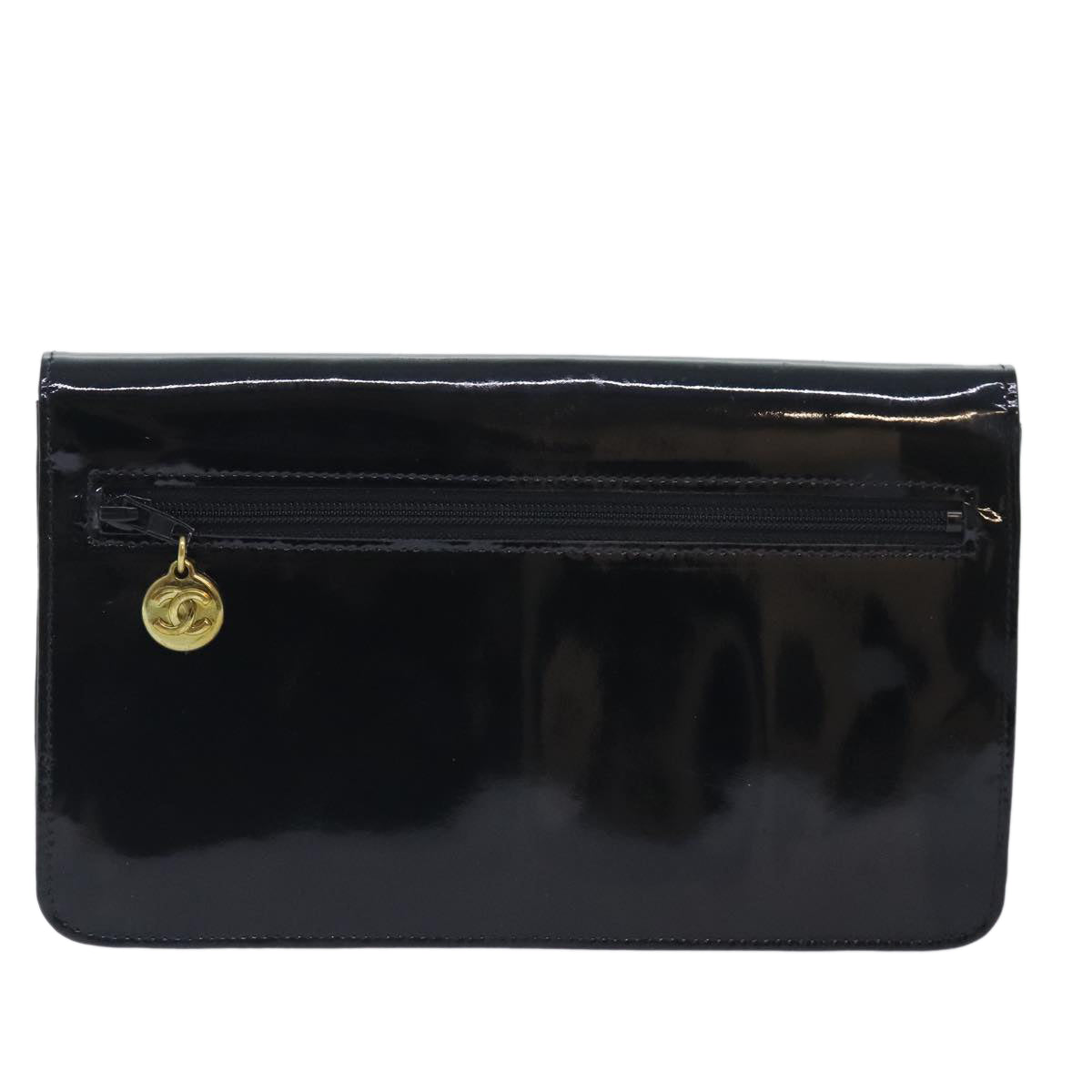 CHANEL COCO Mark Wallet Patent leather Black Gold CC Auth yk15246