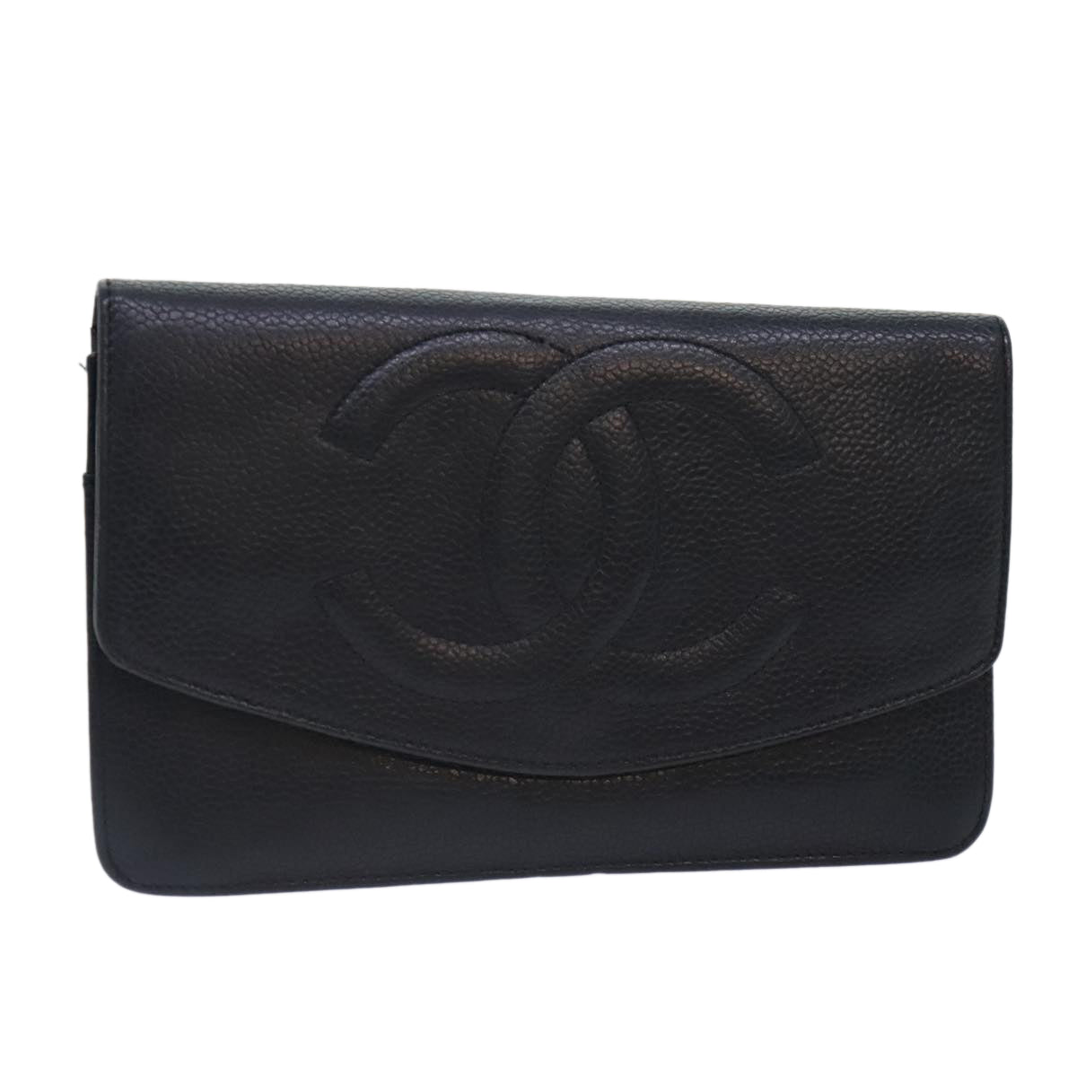 CHANEL COCO Mark Wallet Caviar Skin Black Gold CC Auth yk15253