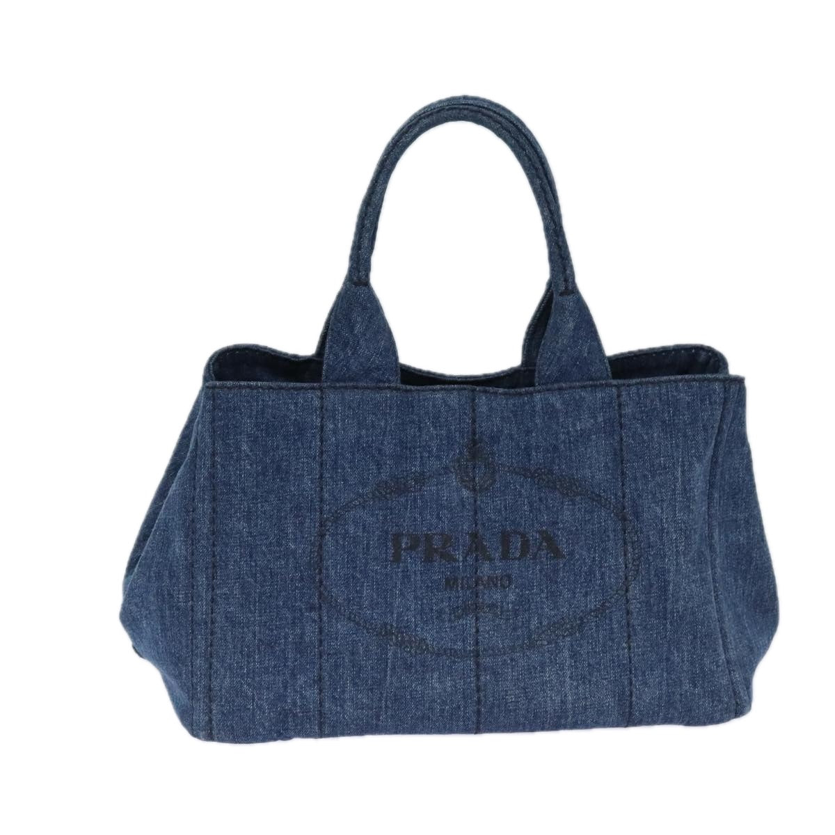 PRADA Canapa MM Hand Bag Denim Blue Gold Auth yk15254