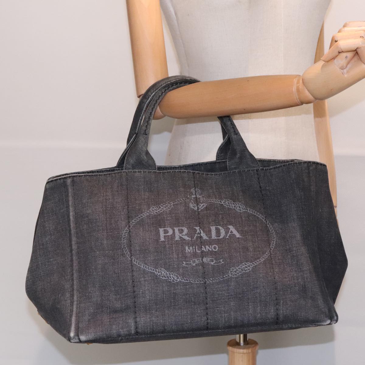 PRADA Canapa MM Hand Bag Canvas Gold Black Auth yk15284