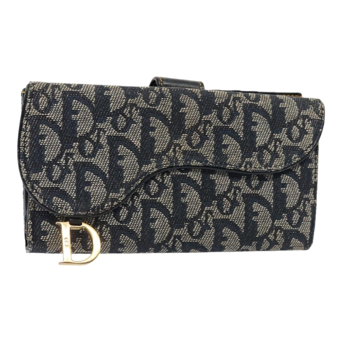 Christian Dior Trotter Canvas Wallet Navy Gold Auth yk15286