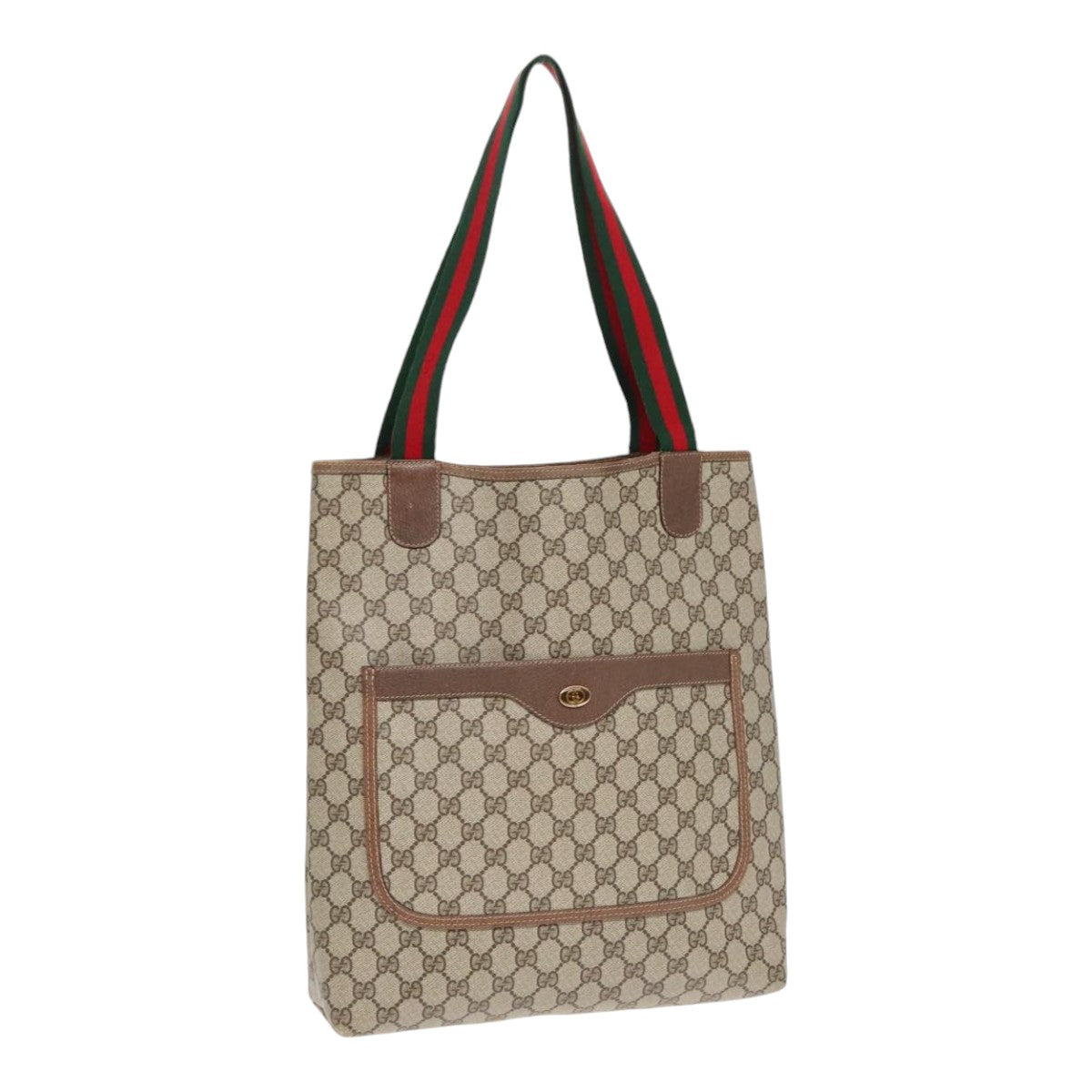 GUCCI GG Canvas Web Sherry Line Tote Bag PVC Leather Beige Green Auth yk15307