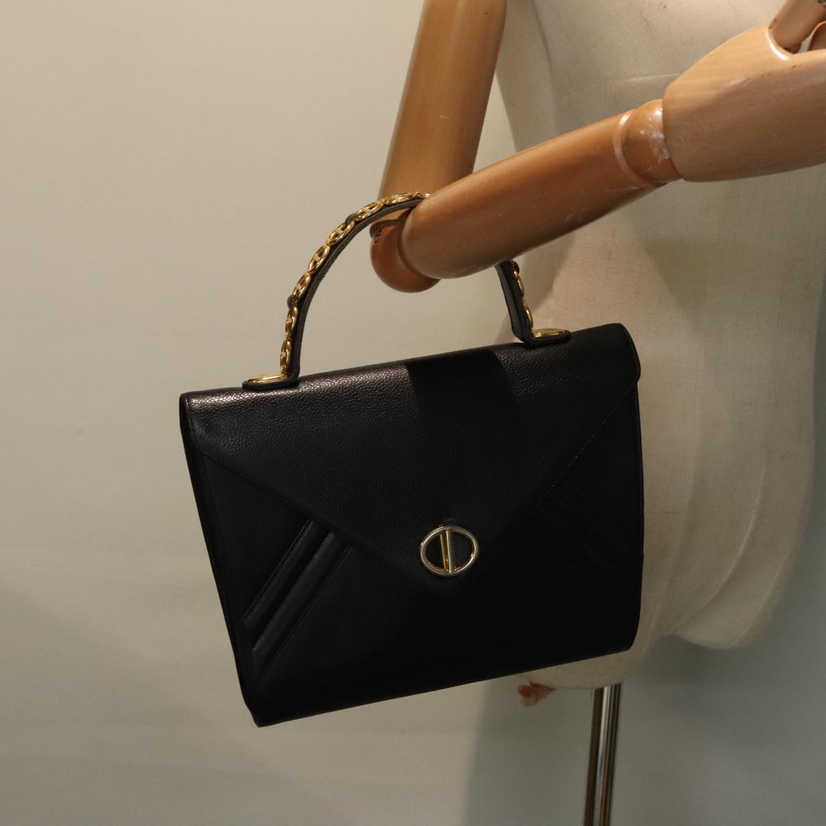 Christian Dior Hand Bag Leather Black Gold Auth yk15344