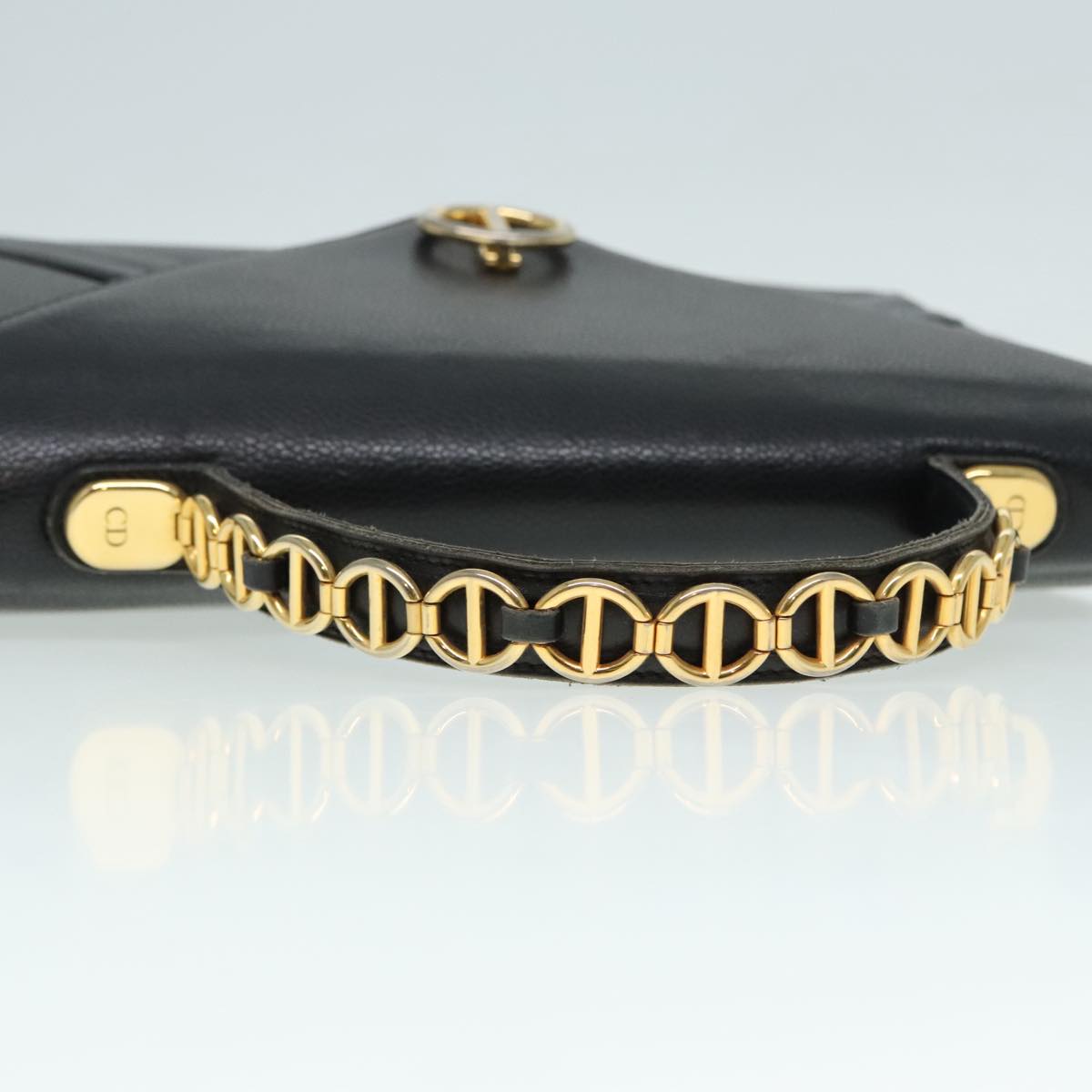 Christian Dior Hand Bag Leather Black Gold Auth yk15344