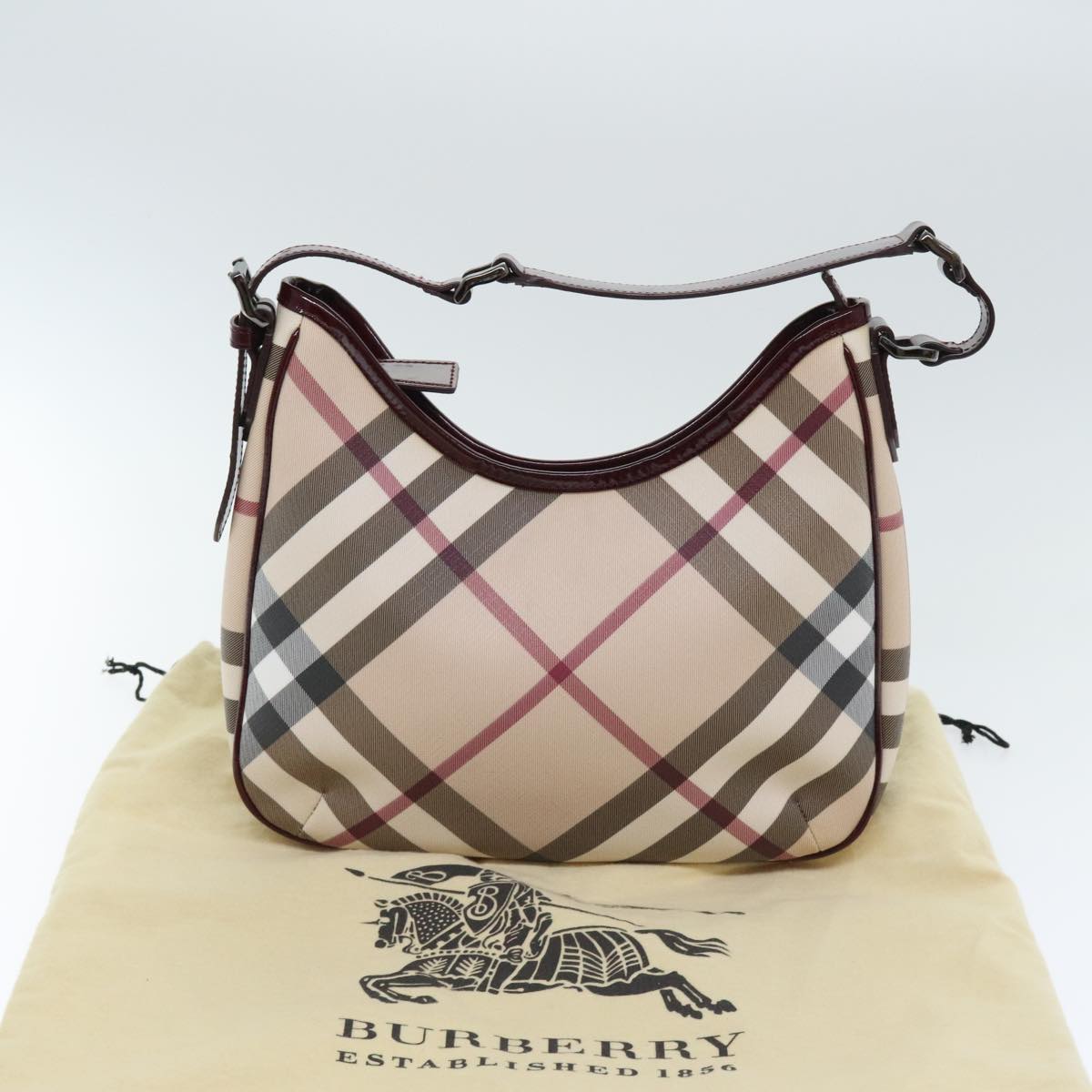 BURBERRY Nova Check Shoulder Bag PVC Leather Beige Silver Auth yk15386