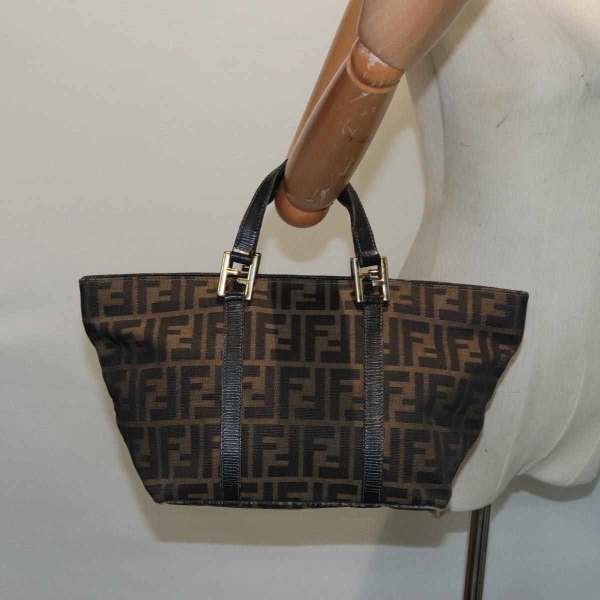 FENDI Zucca Canvas Mamma Baguette Hand Bag Black Gold Brown Auth yk15394