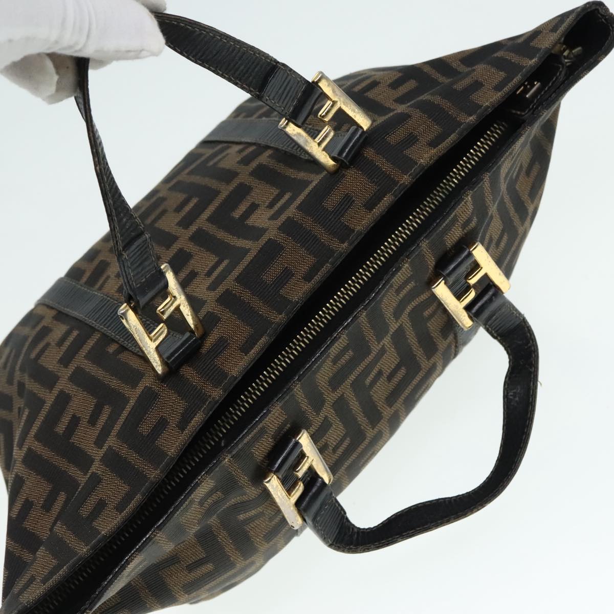 FENDI Zucca Canvas Mamma Baguette Hand Bag Black Gold Brown Auth yk15394