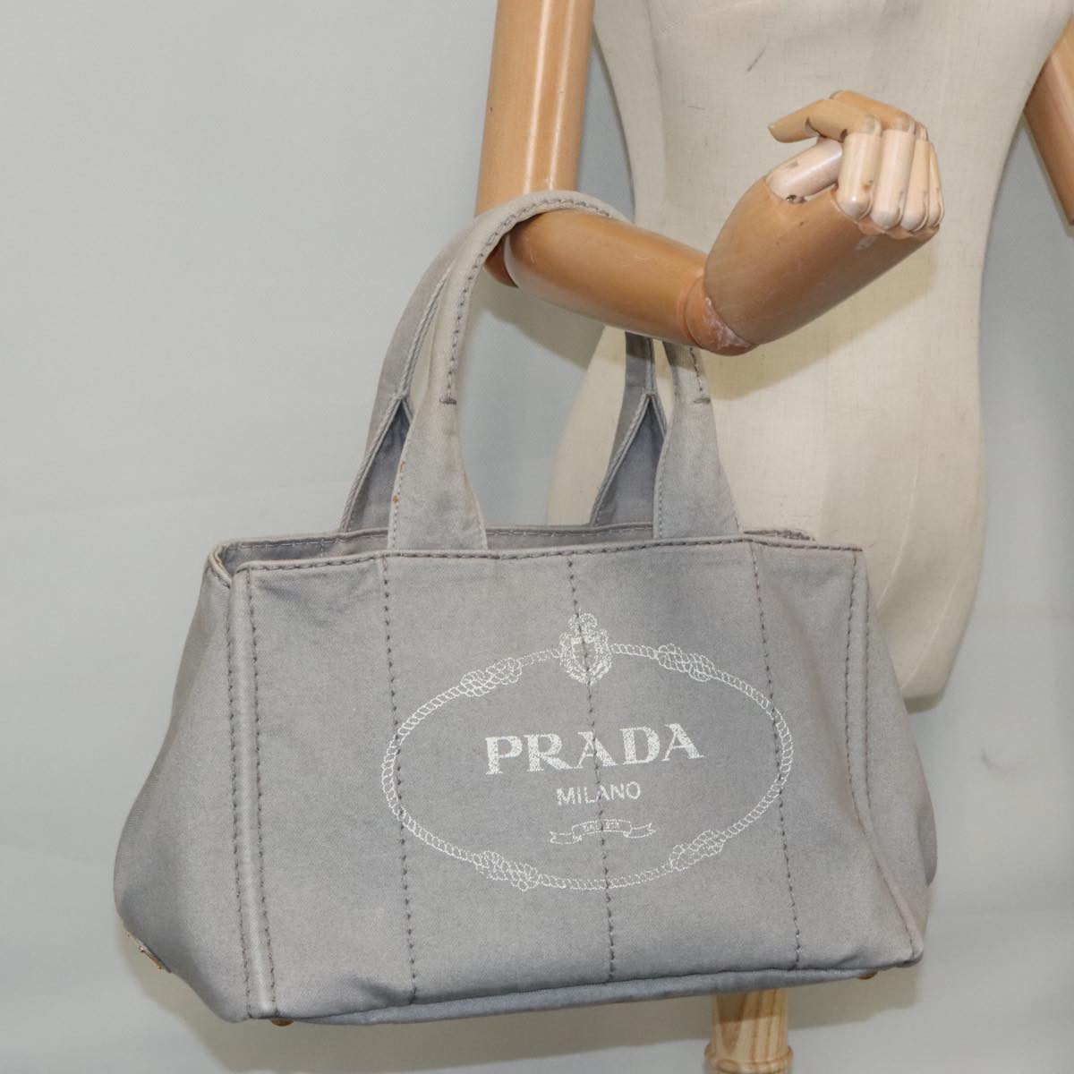 PRADA Canapa MM Hand Bag Denim Gray Gold Auth yk15444