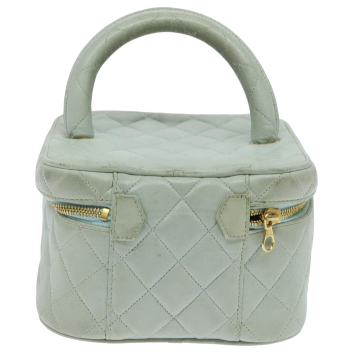 CHANEL Matelasse Vanity Cosmetic Pouch Lamb Skin Blue Gold CC Auth yk15445