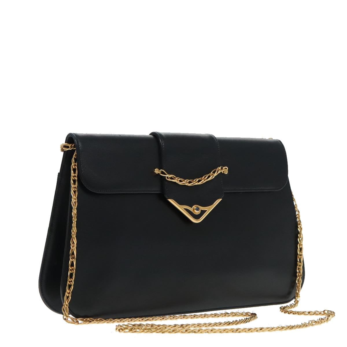 CARTIER Chain Shoulder Bag Leather Navy Gold Auth yk15463