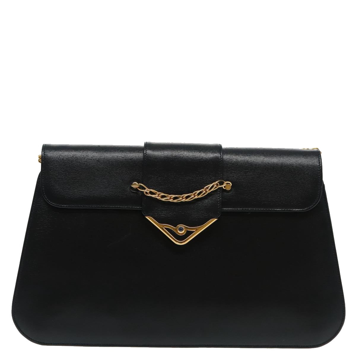 CARTIER Chain Shoulder Bag Leather Navy Gold Auth yk15463