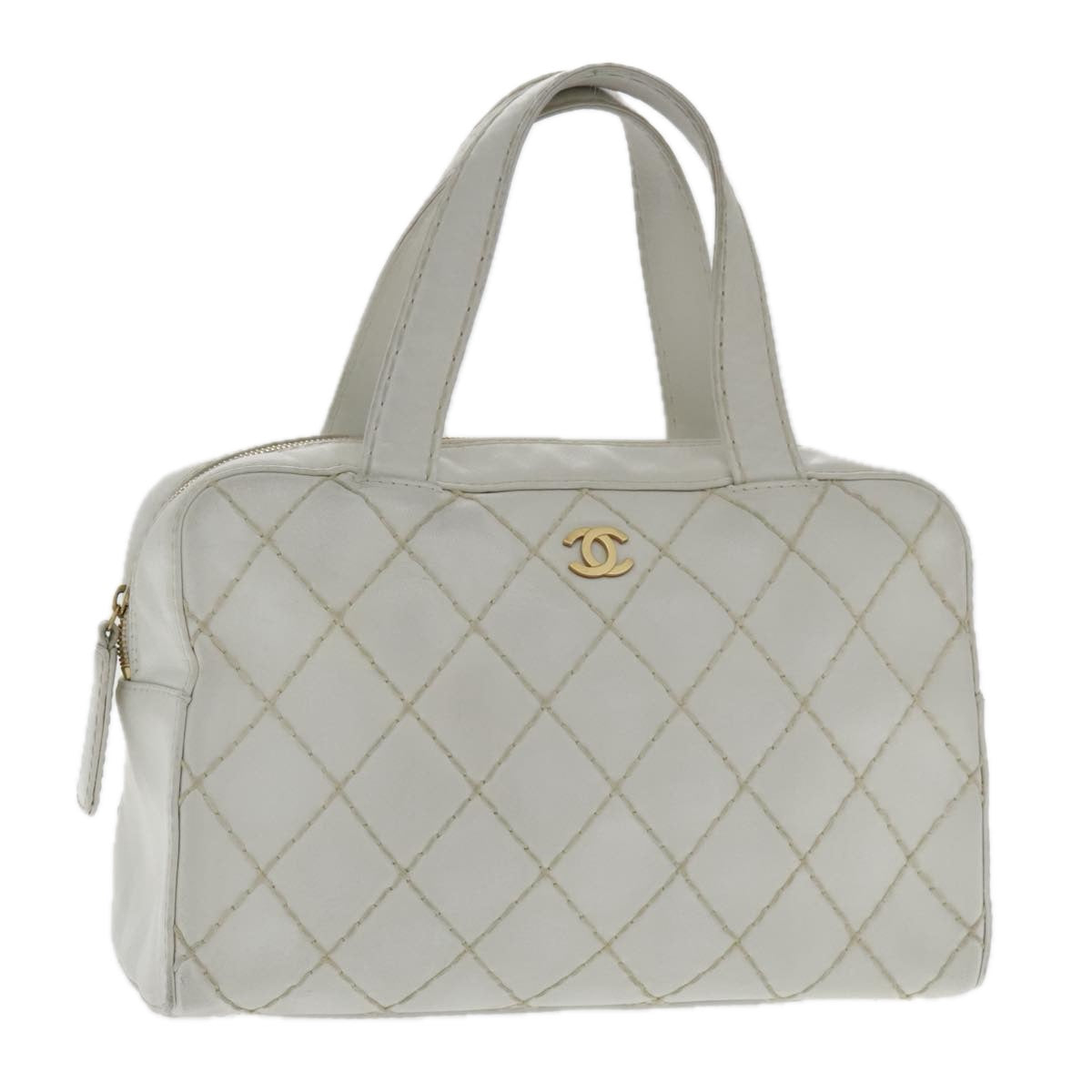 CHANEL Wild Stitch Hand Bag Leather White Gold CC Auth yk15489