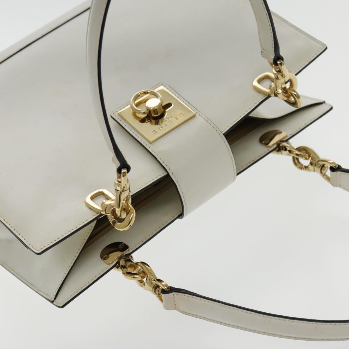 CELINE Hand Bag Leather White Gold Auth yk15510