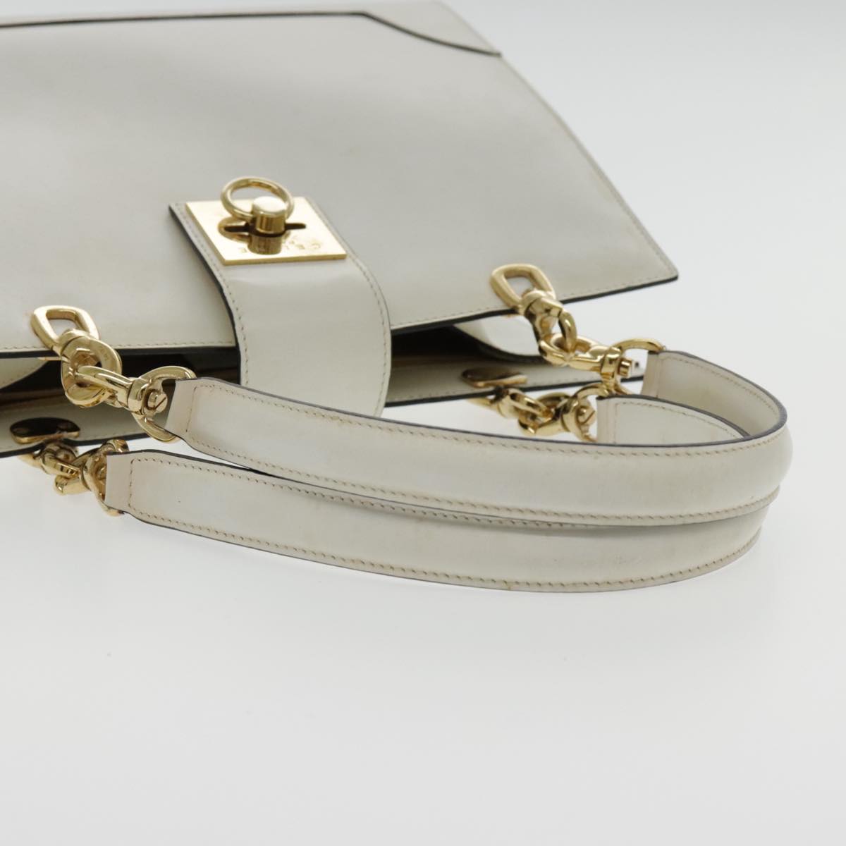 CELINE Hand Bag Leather White Gold Auth yk15510