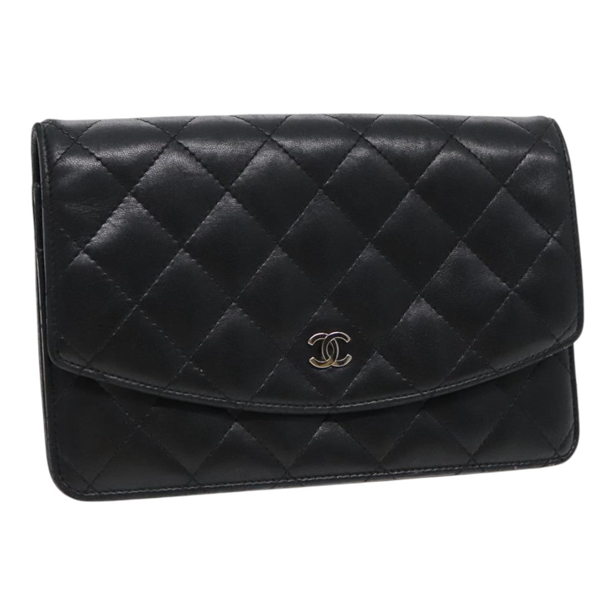 CHANEL Matelasse Pouch Lamb Skin Black Silver CC Auth yk15515