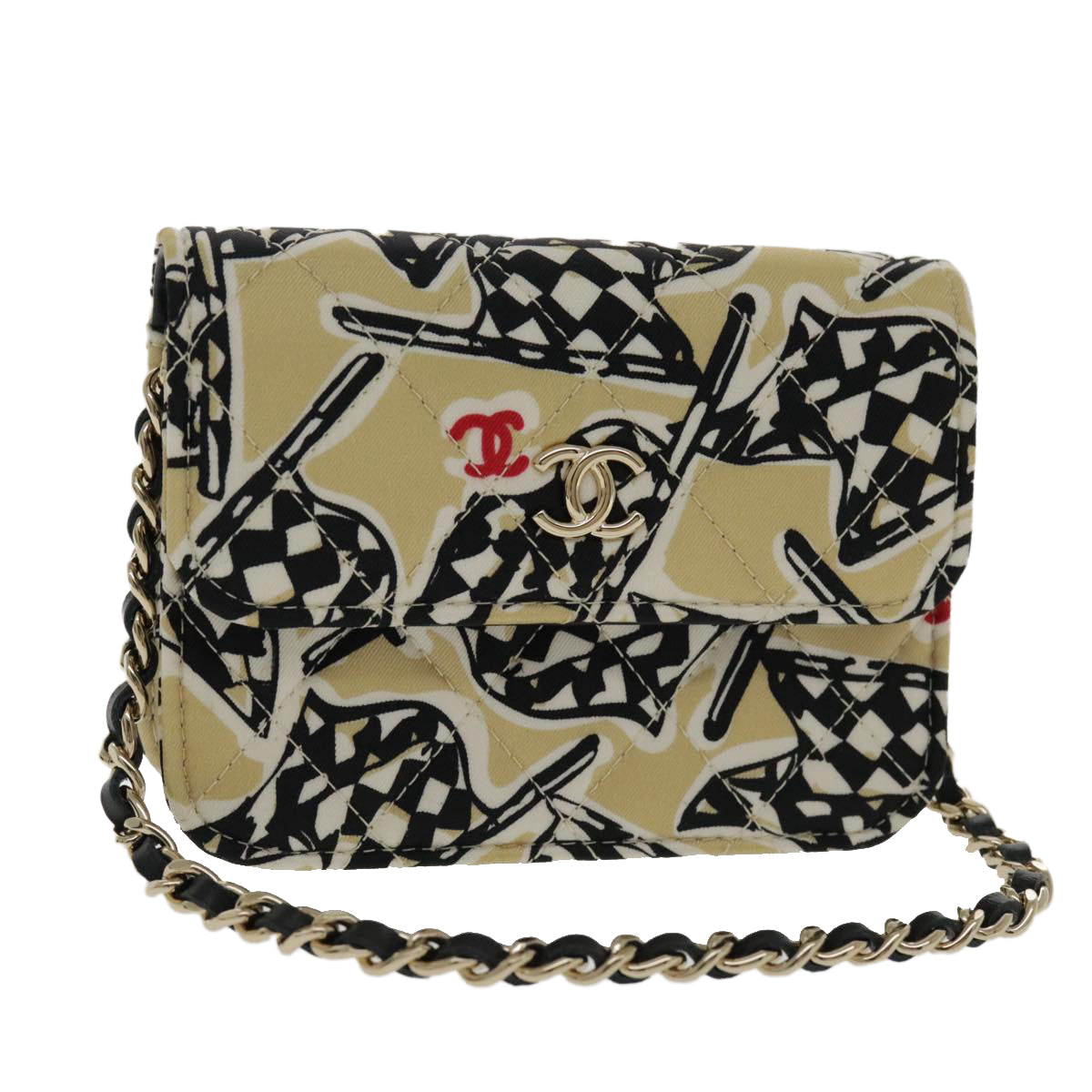 CHANEL Matelasse Chain Pouch Canvas Beige Gold CC Auth yk15527A