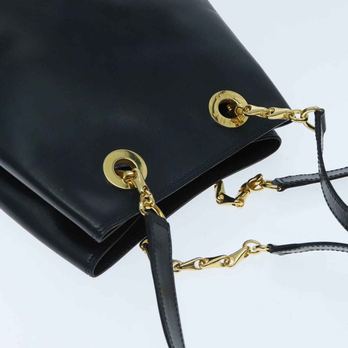 CELINE Chain Shoulder Bag Leather Navy Gold Auth yk15532