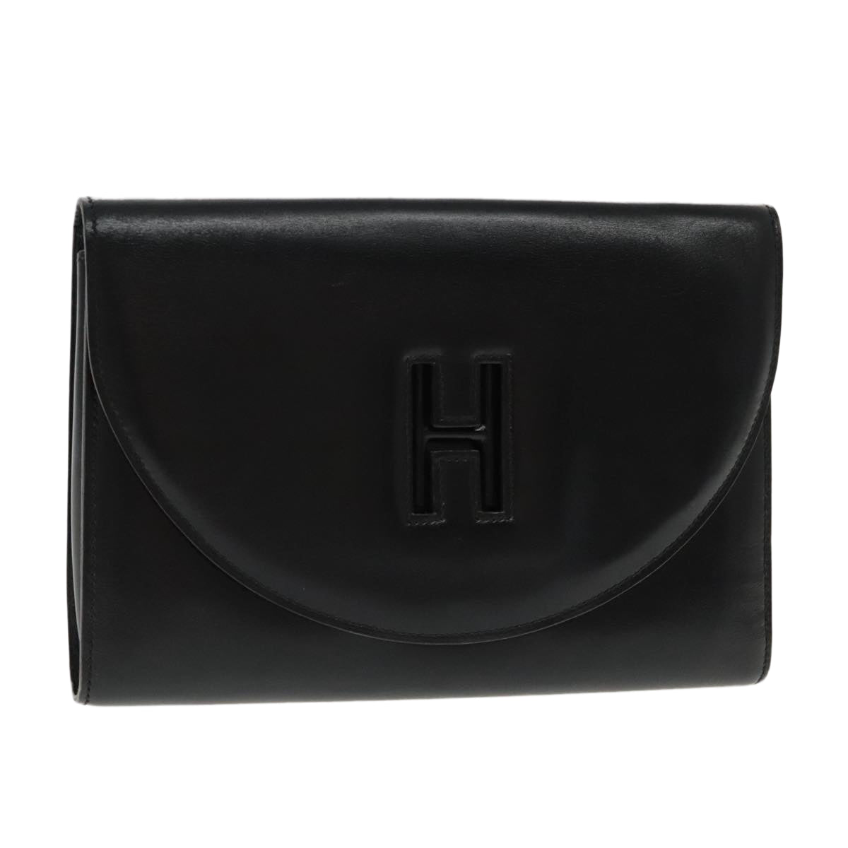 HERMES Clutch Bag Leather Black Gold Auth yk15555