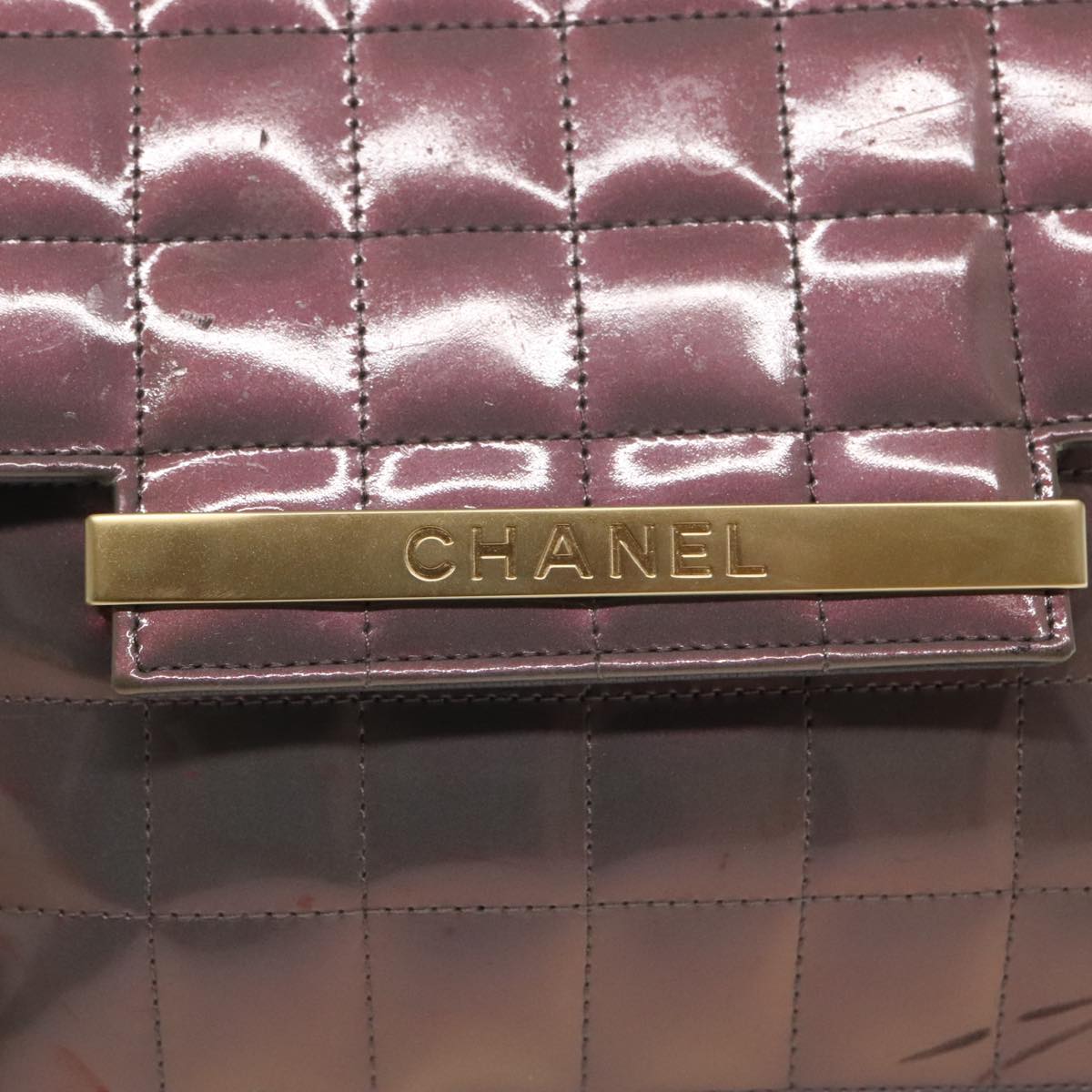 CHANEL Choco Bar Chain Hand Bag Enamel Purple Gold CC Auth yk15606